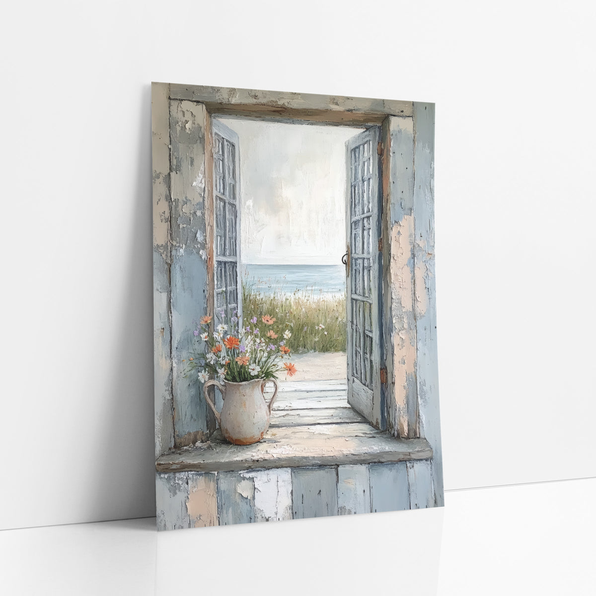 Coastal Window Wildflower Seaside View art print leaning against a white wall – open weathered blue window with a cream