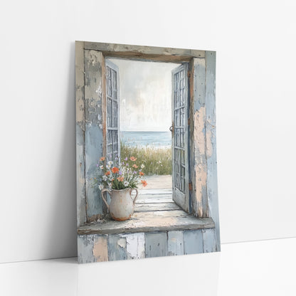 Coastal Window Wildflower Seaside View art print leaning against a white wall – open weathered blue window with a cream