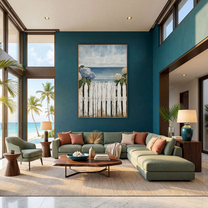 Seaside Hydrangea Picket Fence Coastal wall art in a bright coastal-style room – blue and cream hydrangeas