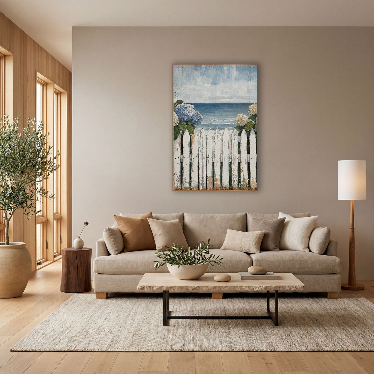 Seaside Hydrangea Picket Fence Coastal wall art in a bright coastal-style room – blue and cream hydrangeas