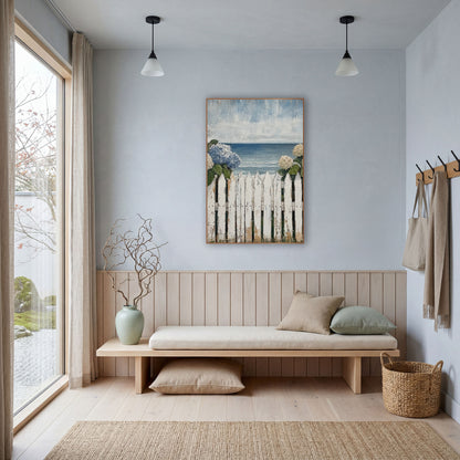Seaside Hydrangea Picket Fence Coastal wall art in a bright coastal-style room – blue and cream hydrangeas