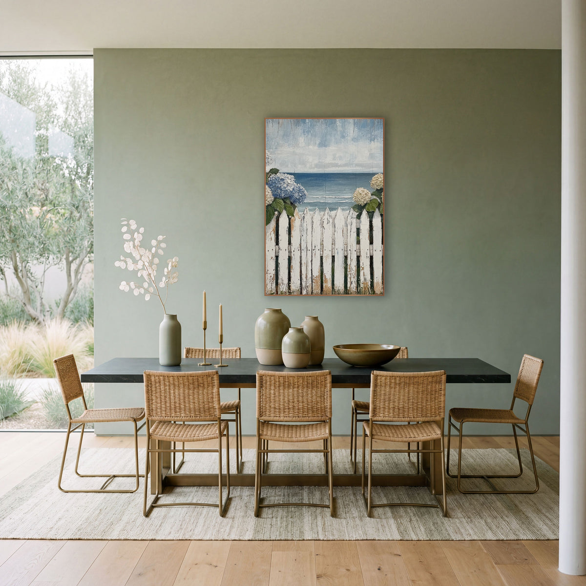 Seaside Hydrangea Picket Fence Coastal wall art in a bright coastal-style room – blue and cream hydrangeas