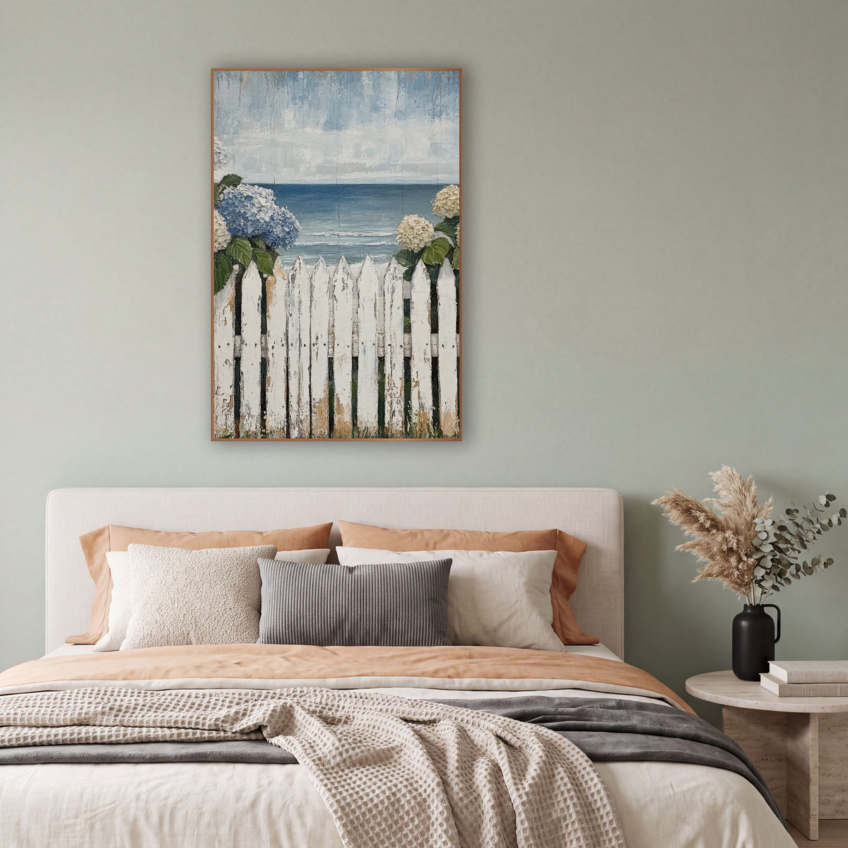 Seaside Hydrangea Picket Fence Coastal wall art in a bright coastal-style room – blue and cream hydrangeas