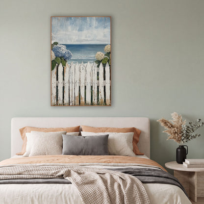 Seaside Hydrangea Picket Fence Coastal wall art in a bright coastal-style room – blue and cream hydrangeas