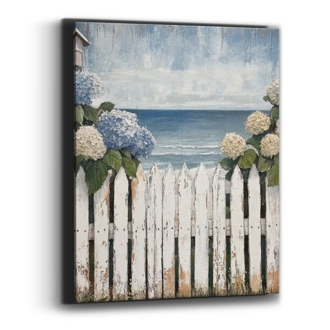 Seaside Hydrangea Picket Fence Coastal Canvas Wall Art