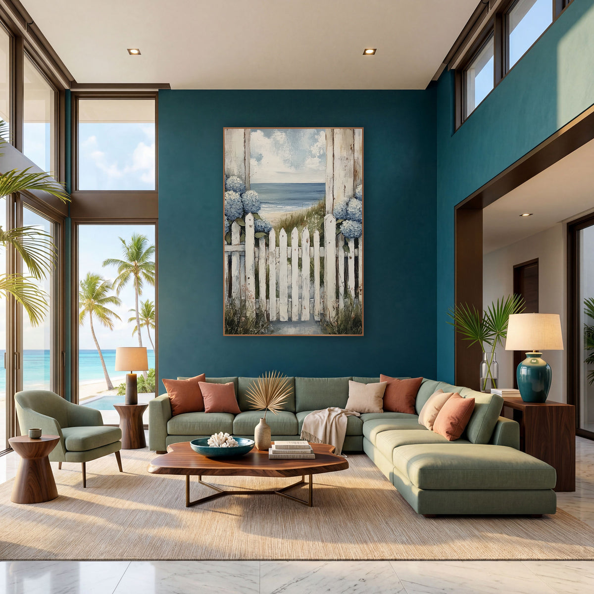 Blue Hydrangea Picket Gate Coastal wall art in a bright coastal-style room – white picket gate with blue hydrangeas