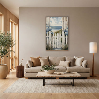 Blue Hydrangea Picket Gate Coastal wall art in a bright coastal-style room – white picket gate with blue hydrangeas