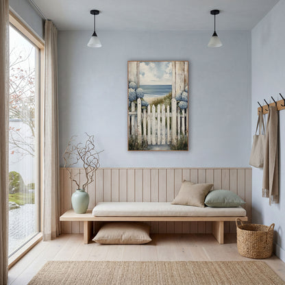 Blue Hydrangea Picket Gate Coastal wall art in a bright coastal-style room – white picket gate with blue hydrangeas