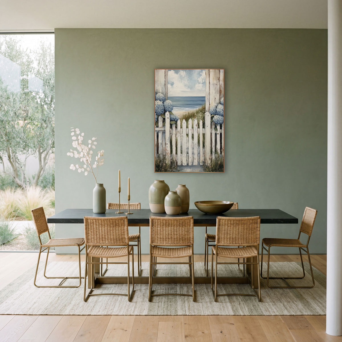 Blue Hydrangea Picket Gate Coastal wall art in a bright coastal-style room – white picket gate with blue hydrangeas
