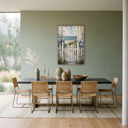 Blue Hydrangea Picket Gate Coastal wall art in a bright coastal-style room – white picket gate with blue hydrangeas