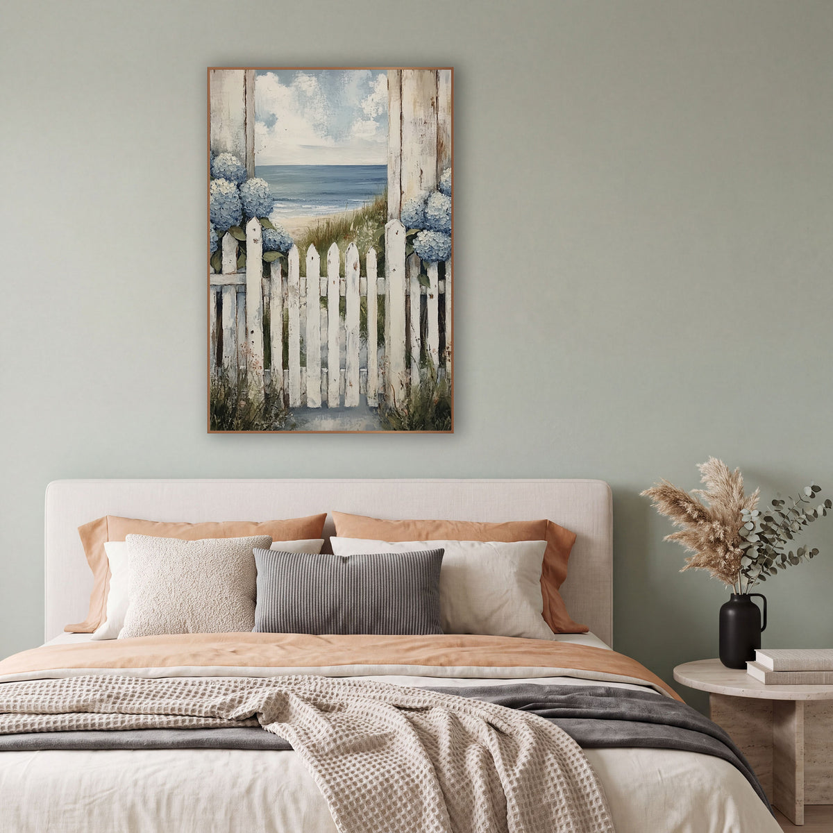 Blue Hydrangea Picket Gate Coastal wall art in a bright coastal-style room – white picket gate with blue hydrangeas