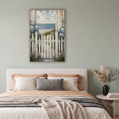 Blue Hydrangea Picket Gate Coastal wall art in a bright coastal-style room – white picket gate with blue hydrangeas