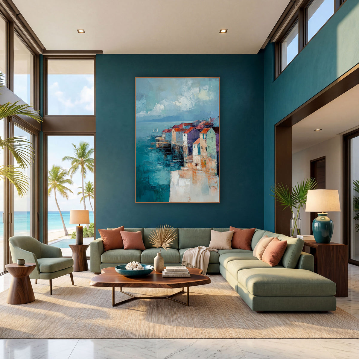 Coastal Village Teal Sea Abstract wall art in a bright coastal-style room – abstract coastal village with red-roofed