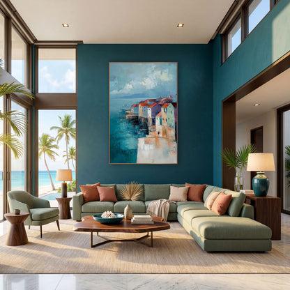 Coastal Village Teal Sea Abstract wall art in a bright coastal-style room – abstract coastal village with red-roofed
