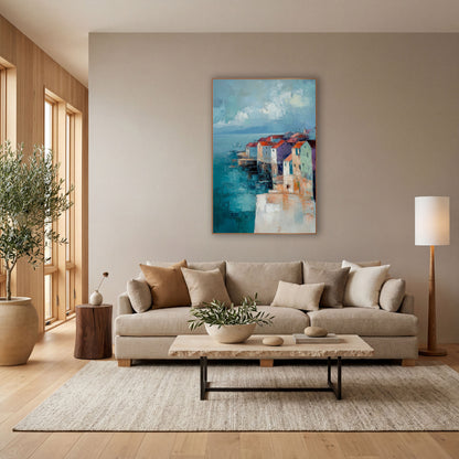 Coastal Village Teal Sea Abstract wall art in a bright coastal-style room – abstract coastal village with red-roofed