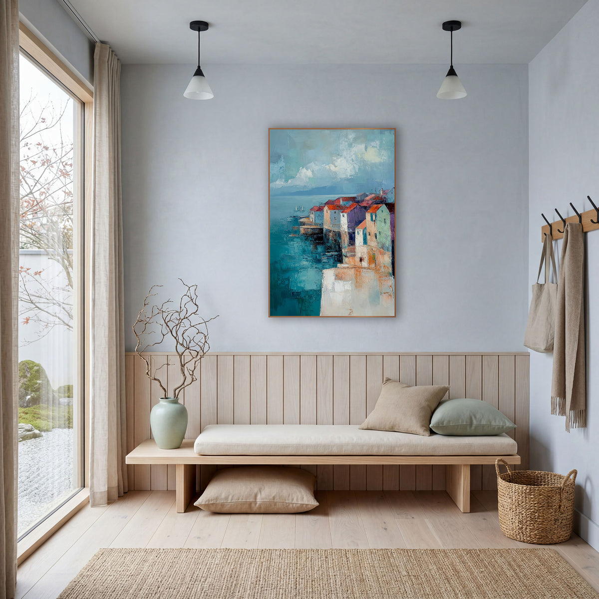 Coastal Village Teal Sea Abstract wall art in a bright coastal-style room – abstract coastal village with red-roofed