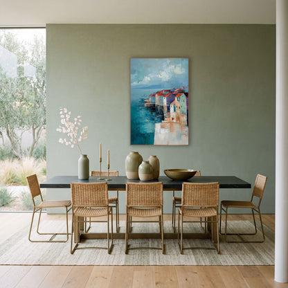 Coastal Village Teal Sea Abstract wall art in a bright coastal-style room – abstract coastal village with red-roofed