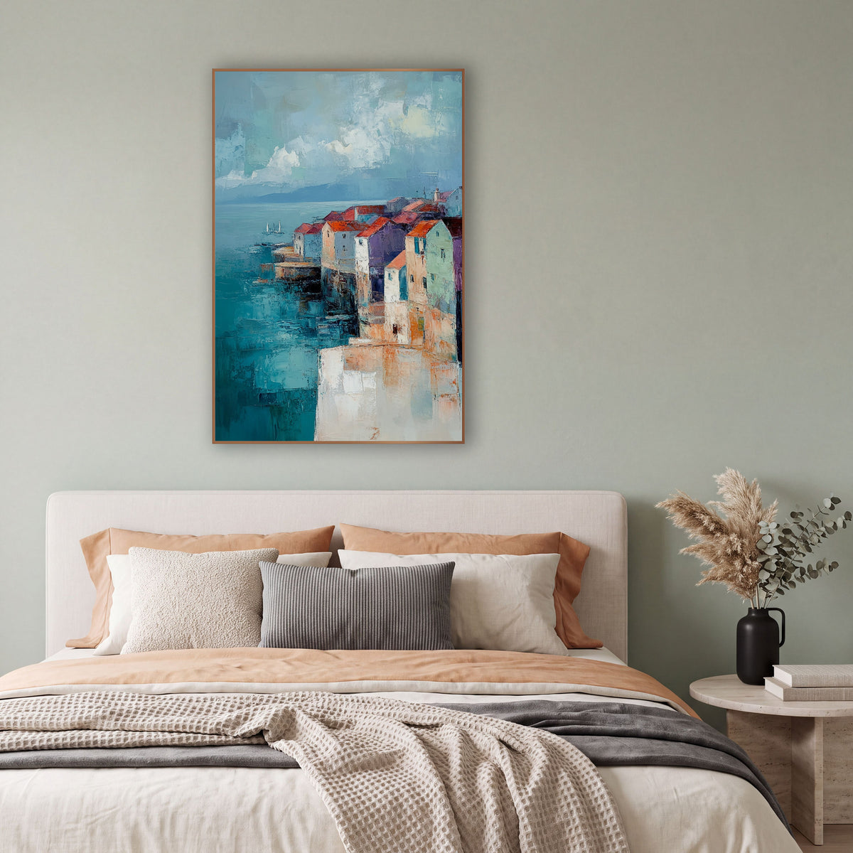 Coastal Village Teal Sea Abstract wall art in a bright coastal-style room – abstract coastal village with red-roofed