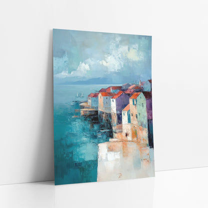 Coastal Village Teal Sea Abstract art print leaning against a white wall – abstract coastal village with red-roofed houses