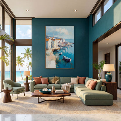 Turquoise Harbor Village Boats Coastal wall art in a bright coastal-style room – coastal harbor scene with white