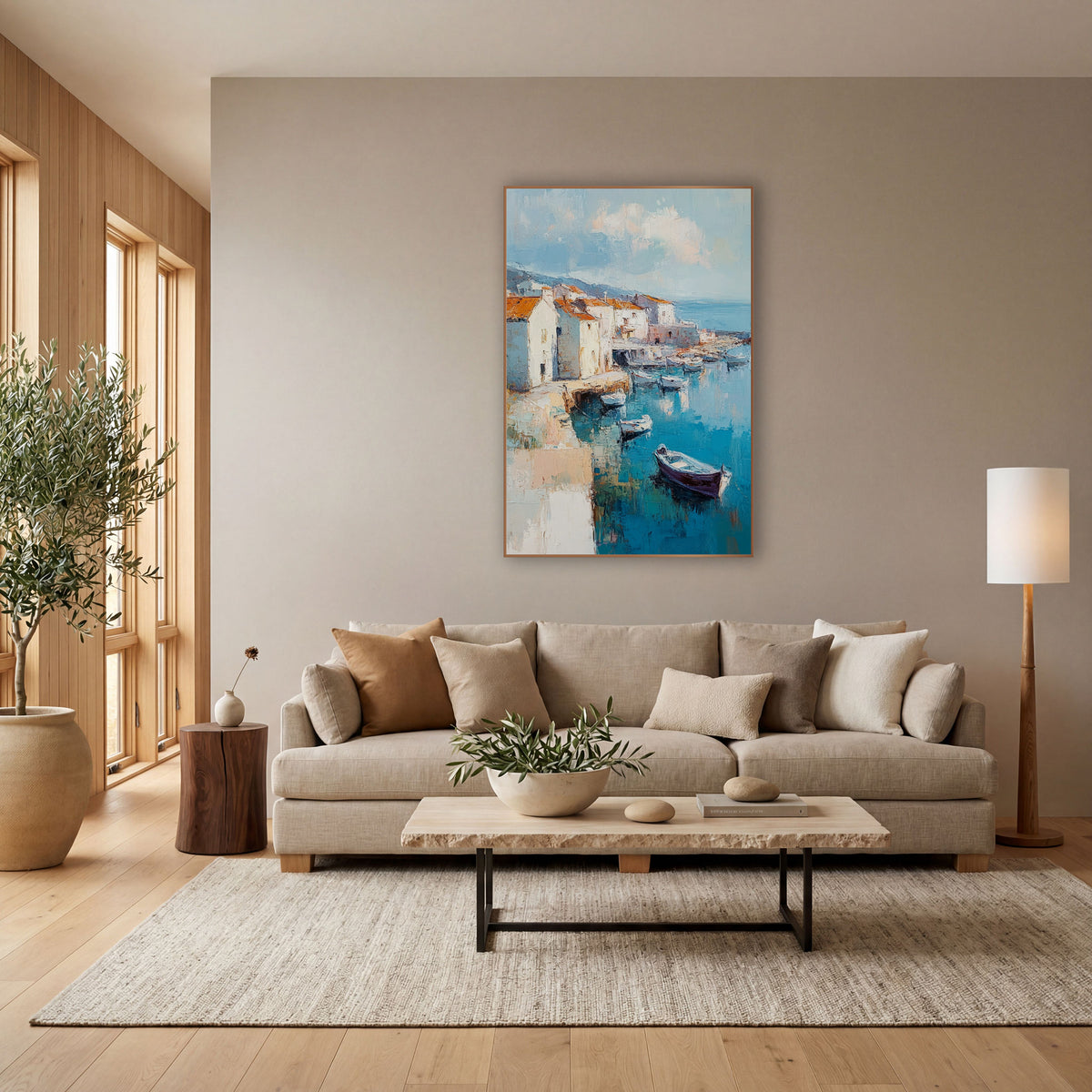 Turquoise Harbor Village Boats Coastal wall art in a bright coastal-style room – coastal harbor scene with white