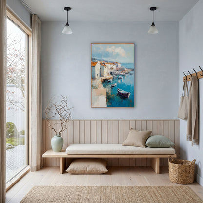 Turquoise Harbor Village Boats Coastal wall art in a bright coastal-style room – coastal harbor scene with white
