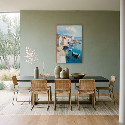 Turquoise Harbor Village Boats Coastal wall art in a bright coastal-style room – coastal harbor scene with white