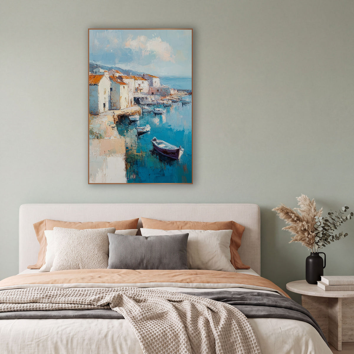 Turquoise Harbor Village Boats Coastal wall art in a bright coastal-style room – coastal harbor scene with white