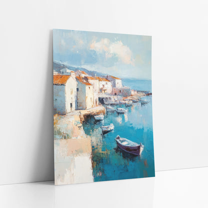 Turquoise Harbor Village Boats Coastal art print leaning against a white wall – coastal harbor scene with white village
