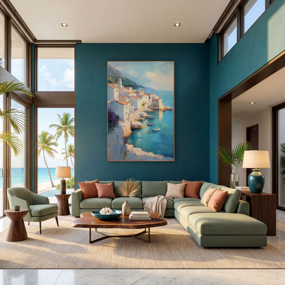 Turquoise Cove Coastal Village Scene wall art in a bright coastal-style room – coastal village of cream houses