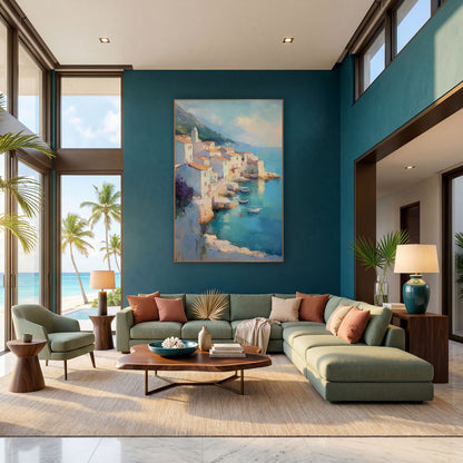 Turquoise Cove Coastal Village Scene wall art in a bright coastal-style room – coastal village of cream houses