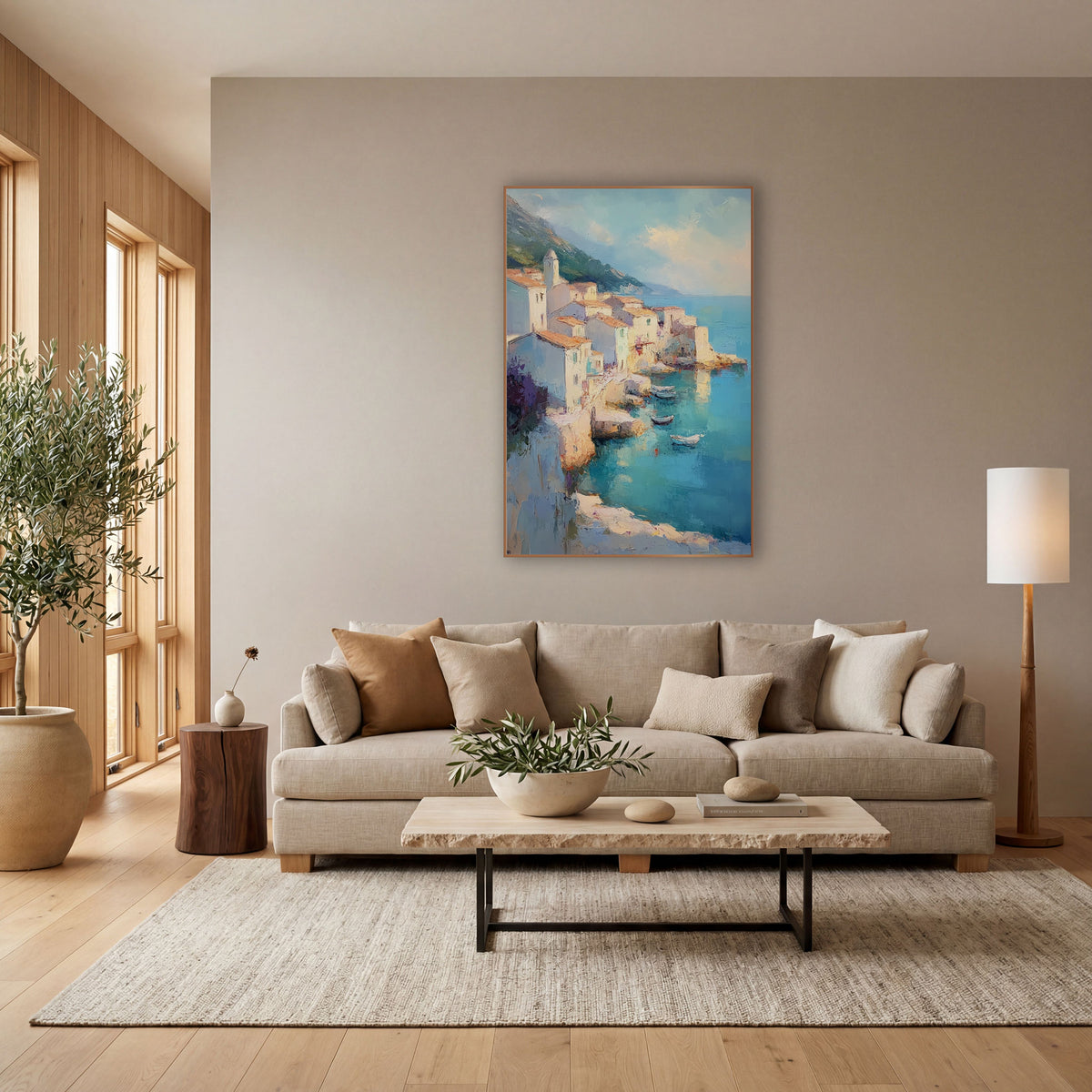 Turquoise Cove Coastal Village Scene wall art in a bright coastal-style room – coastal village of cream houses