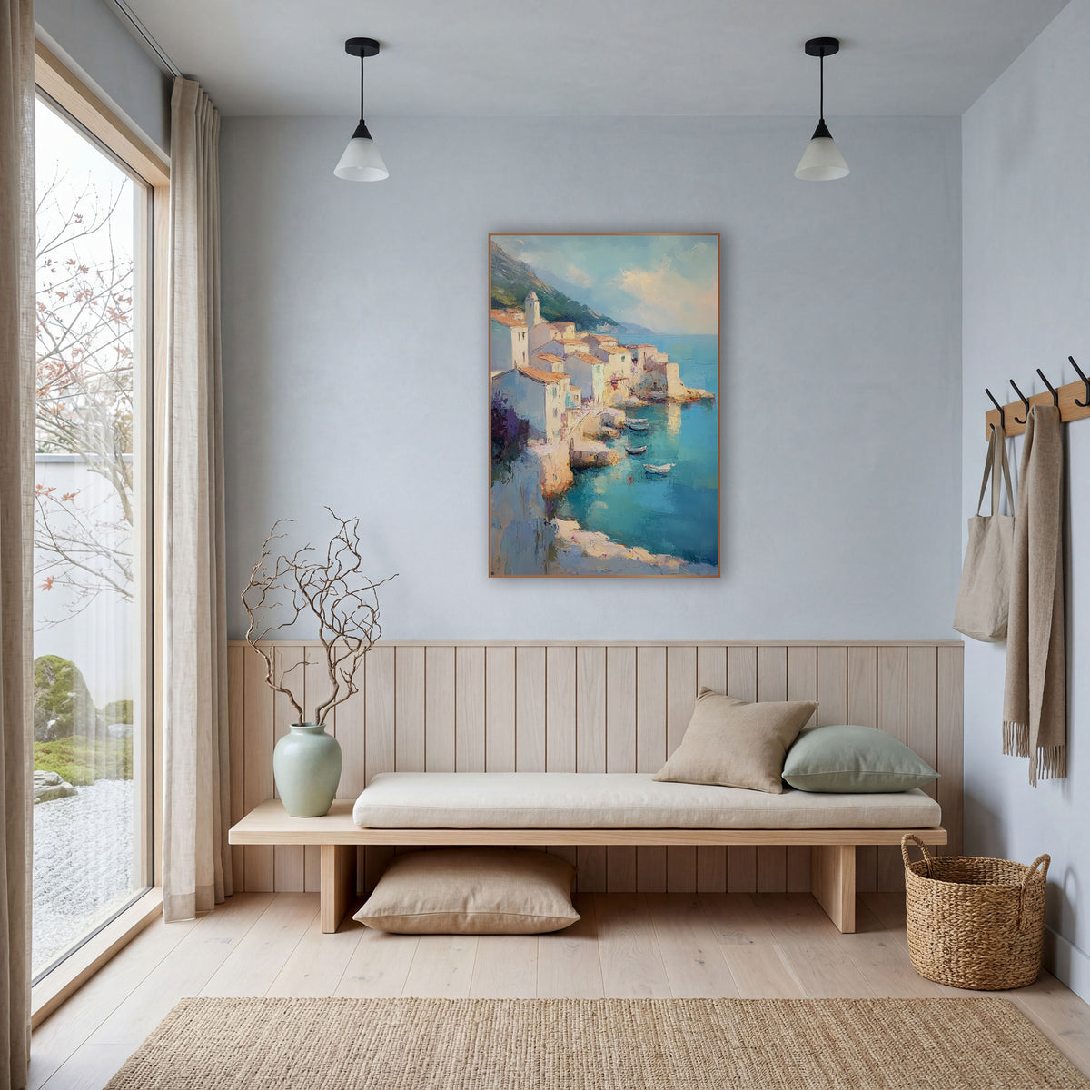 Turquoise Cove Coastal Village Scene wall art in a bright coastal-style room – coastal village of cream houses