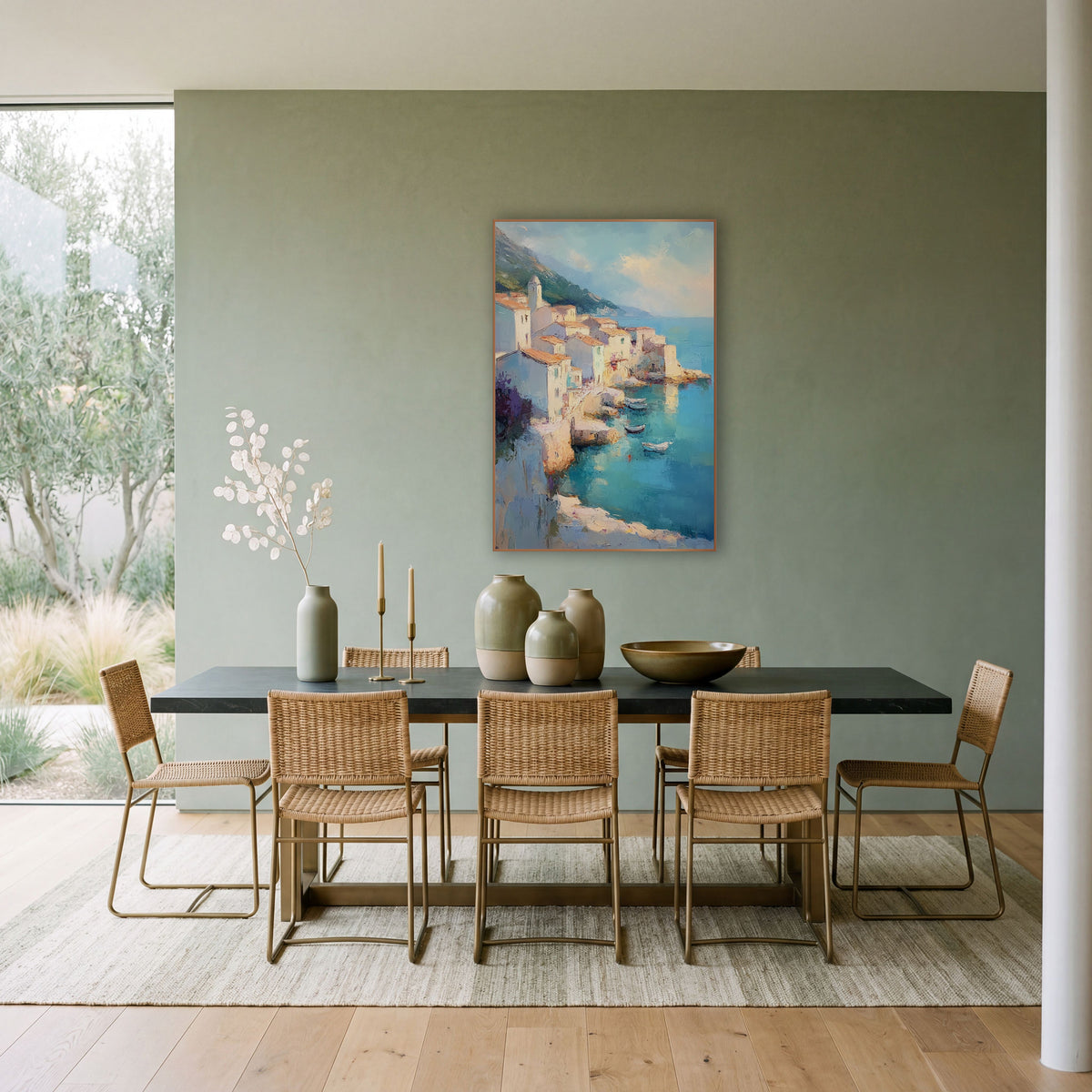 Turquoise Cove Coastal Village Scene wall art in a bright coastal-style room – coastal village of cream houses