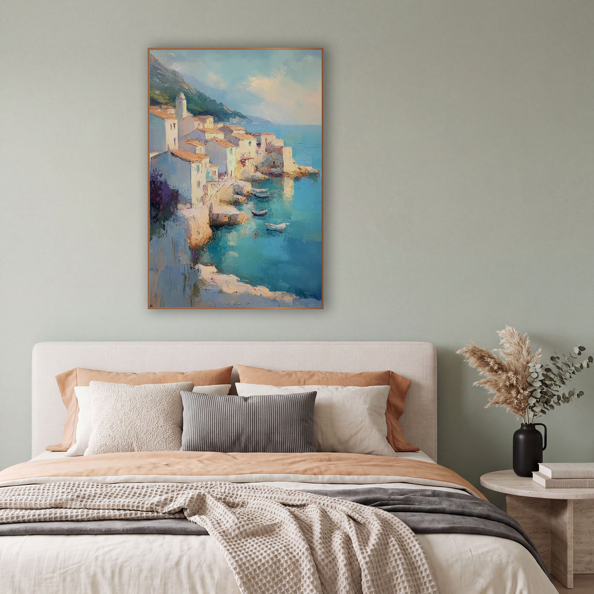 Turquoise Cove Coastal Village Scene wall art in a bright coastal-style room – coastal village of cream houses