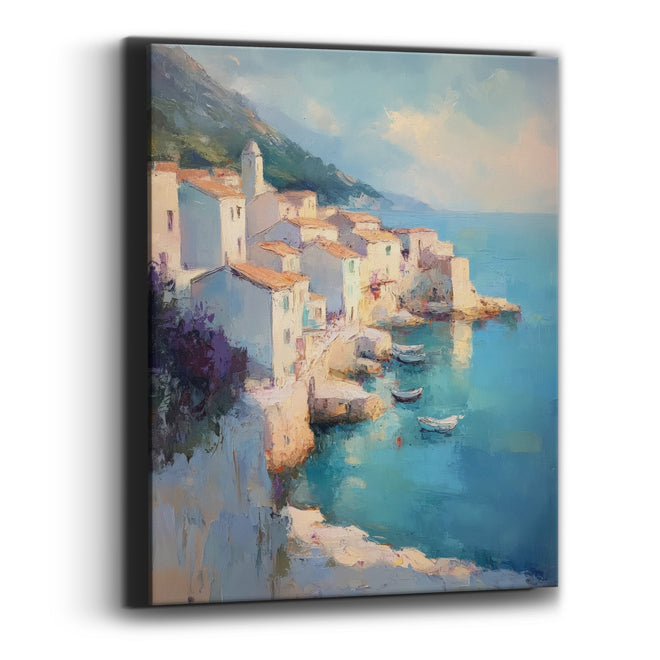 Turquoise Cove Coastal Village Scene Canvas Wall Art