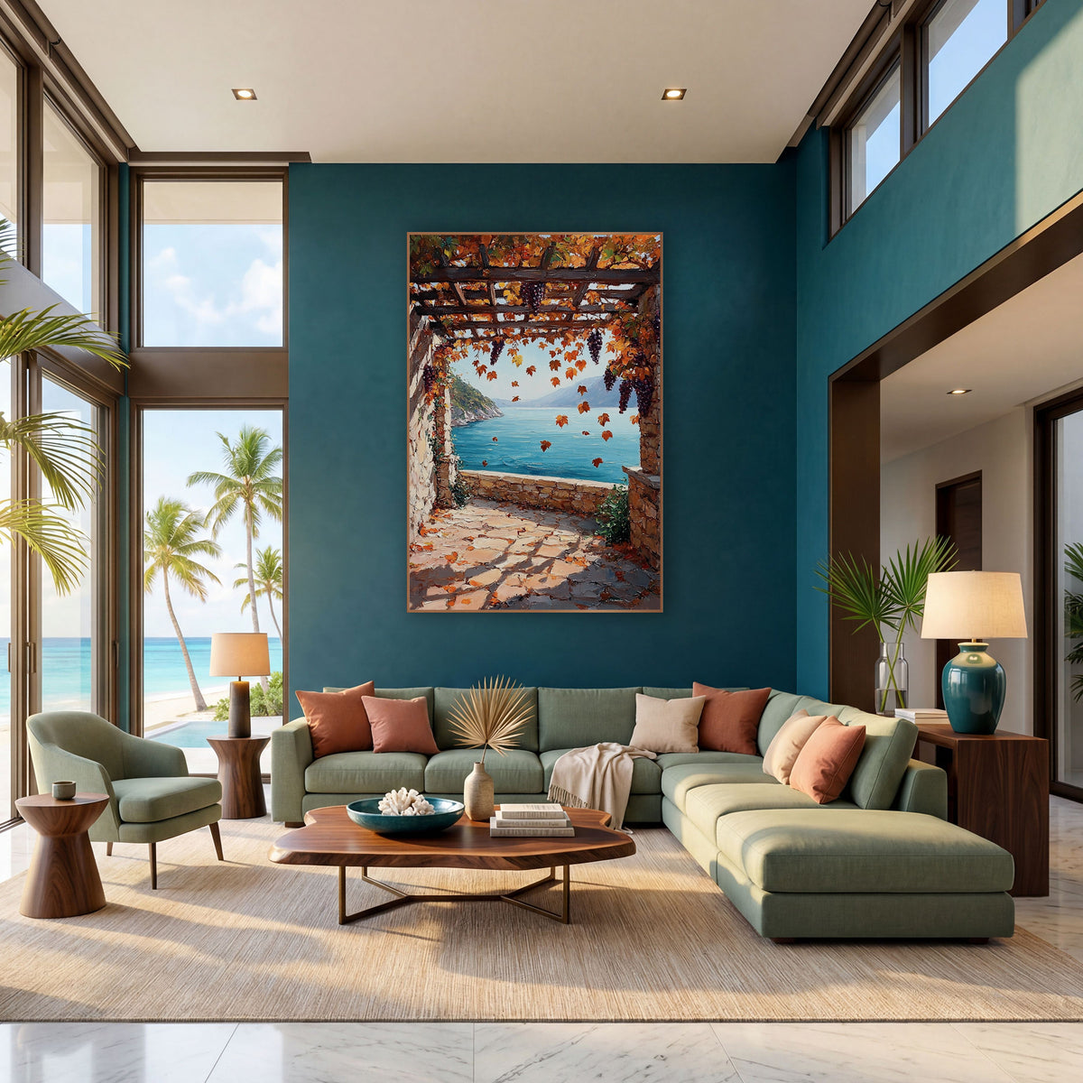 Autumn Grape Pergola Seaside Terrace wall art in a bright coastal-style room – stone terrace under a wooden pergola