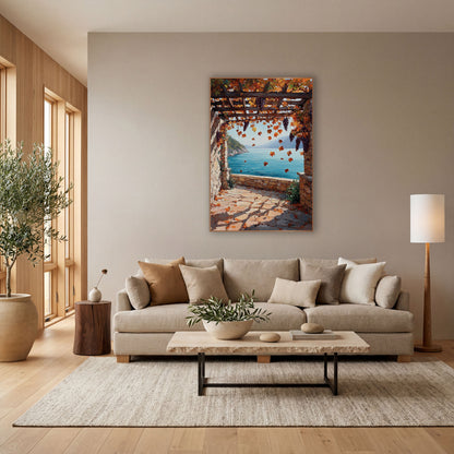 Autumn Grape Pergola Seaside Terrace wall art in a bright coastal-style room – stone terrace under a wooden pergola