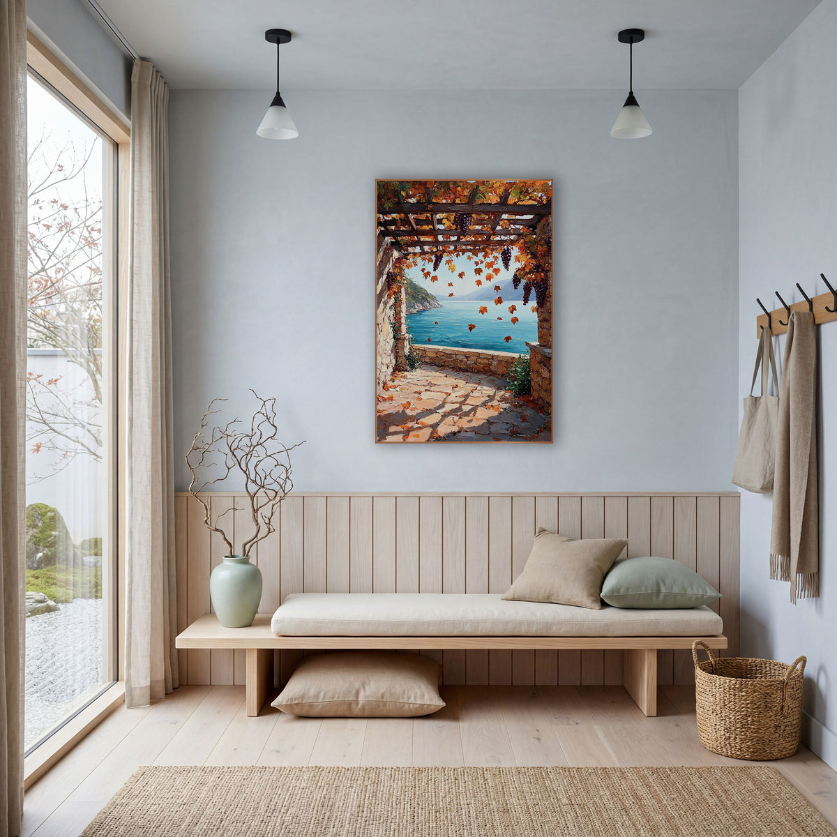 Autumn Grape Pergola Seaside Terrace wall art in a bright coastal-style room – stone terrace under a wooden pergola