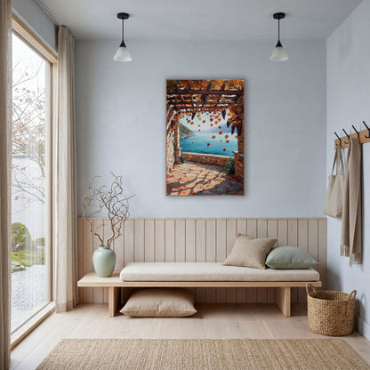 Autumn Grape Pergola Seaside Terrace wall art in a bright coastal-style room – stone terrace under a wooden pergola