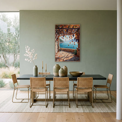 Autumn Grape Pergola Seaside Terrace wall art in a bright coastal-style room – stone terrace under a wooden pergola