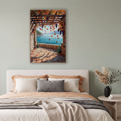 Autumn Grape Pergola Seaside Terrace wall art in a bright coastal-style room – stone terrace under a wooden pergola