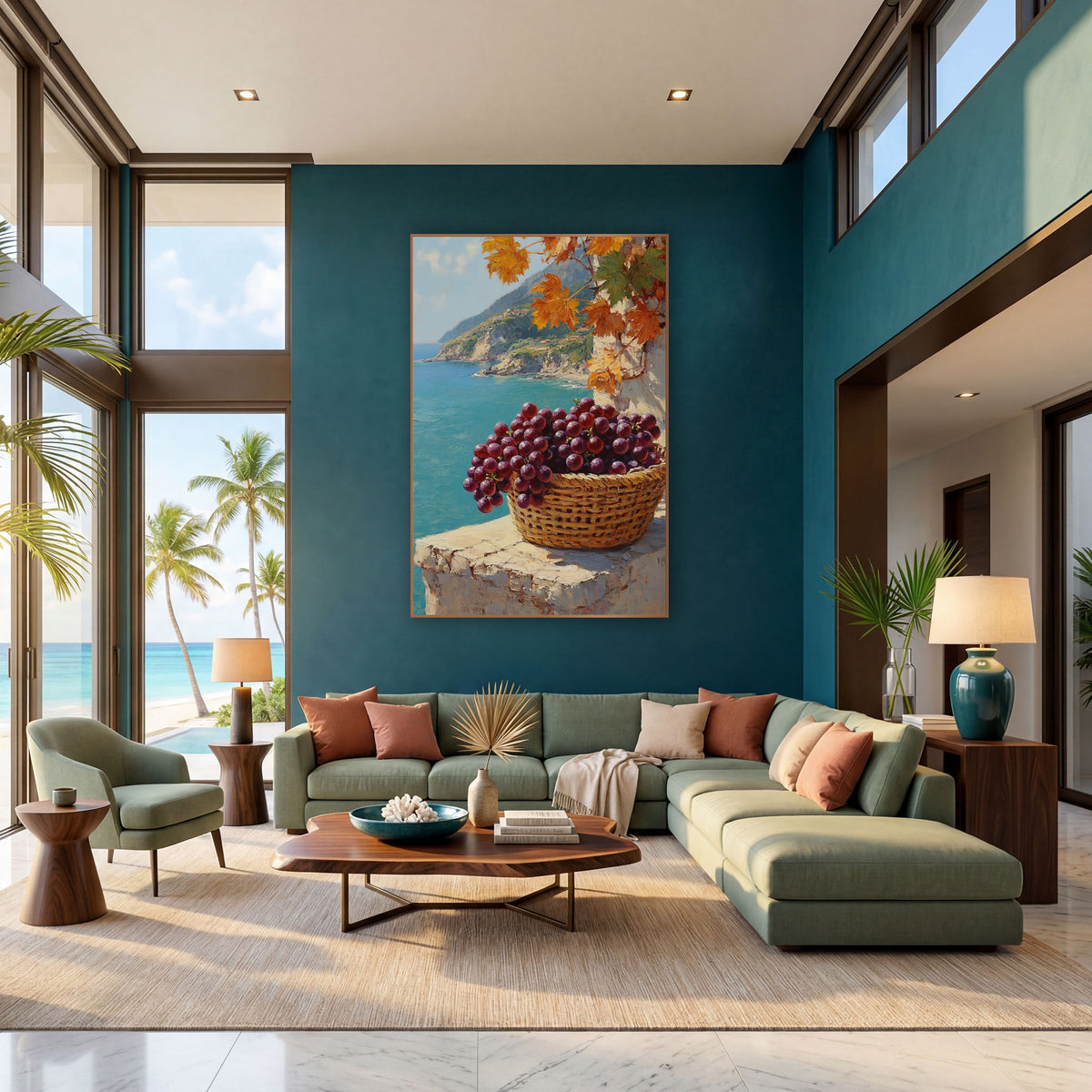 Low Rimmed Basket Purple Grapes Coastal wall art in a bright coastal-style room – basket of purple grapes on a sunlit