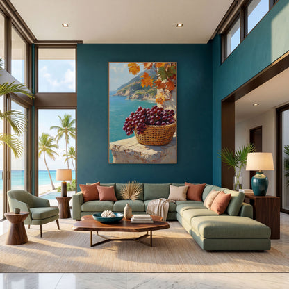 Low Rimmed Basket Purple Grapes Coastal wall art in a bright coastal-style room – basket of purple grapes on a sunlit