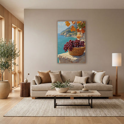 Low Rimmed Basket Purple Grapes Coastal wall art in a bright coastal-style room – basket of purple grapes on a sunlit