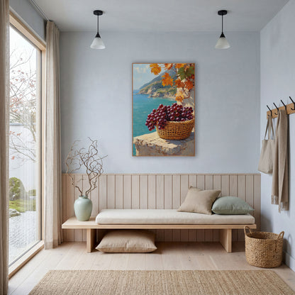 Low Rimmed Basket Purple Grapes Coastal wall art in a bright coastal-style room – basket of purple grapes on a sunlit