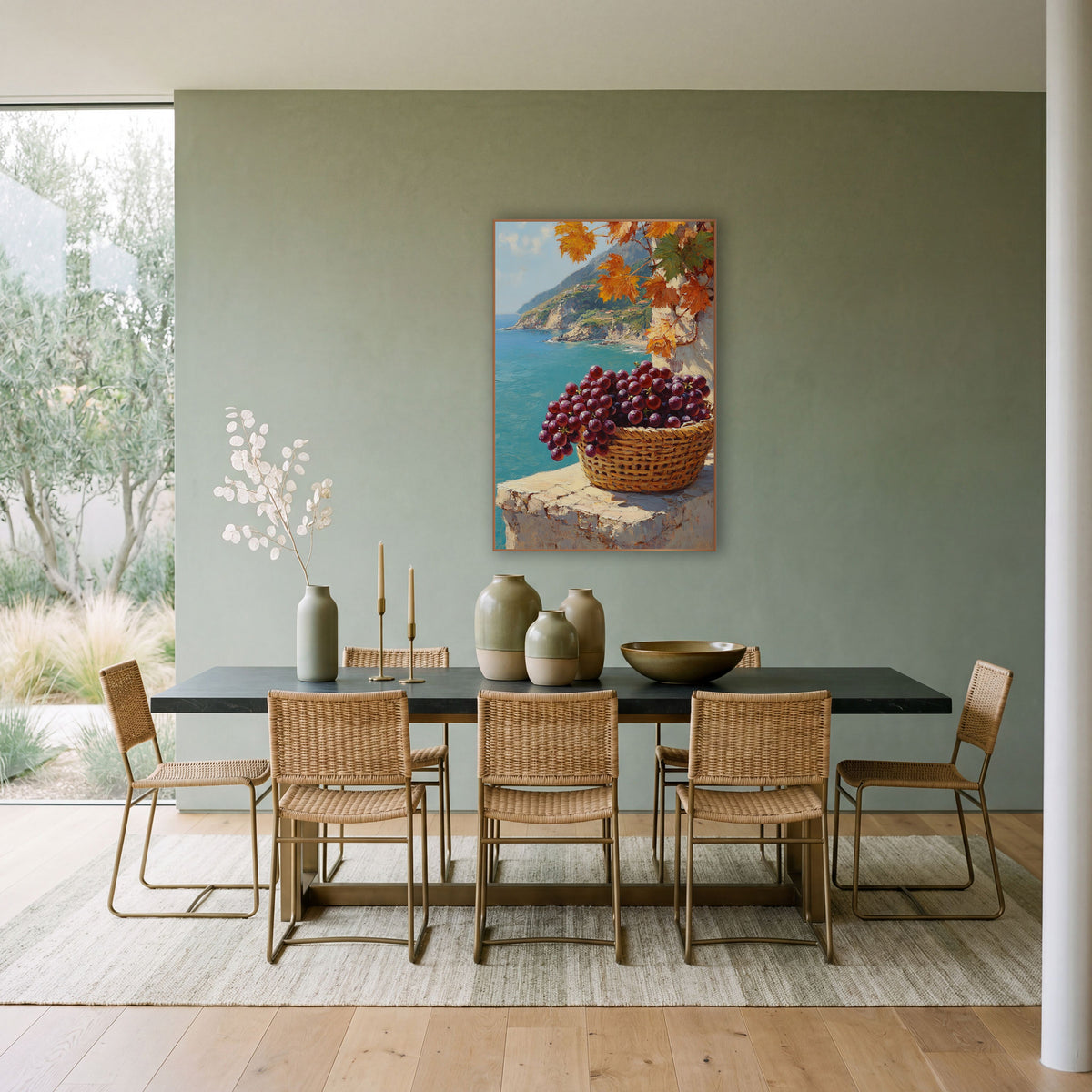 Low Rimmed Basket Purple Grapes Coastal wall art in a bright coastal-style room – basket of purple grapes on a sunlit