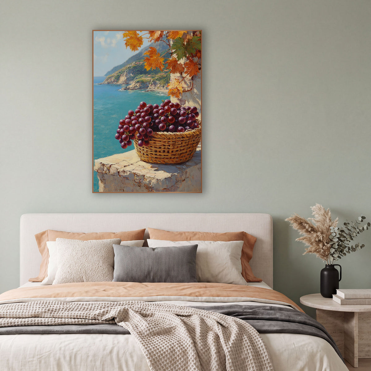 Low Rimmed Basket Purple Grapes Coastal wall art in a bright coastal-style room – basket of purple grapes on a sunlit