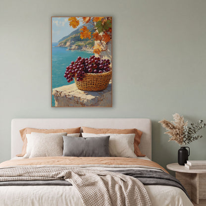 Low Rimmed Basket Purple Grapes Coastal wall art in a bright coastal-style room – basket of purple grapes on a sunlit