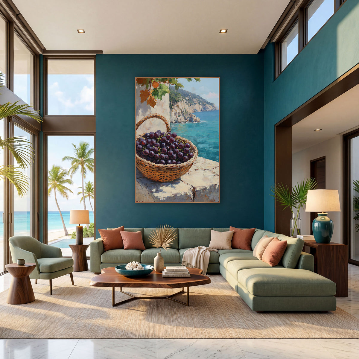 Handled Basket Dark Grapes Cliffside Coastal wall art in a bright coastal-style room – woven basket of dark purple